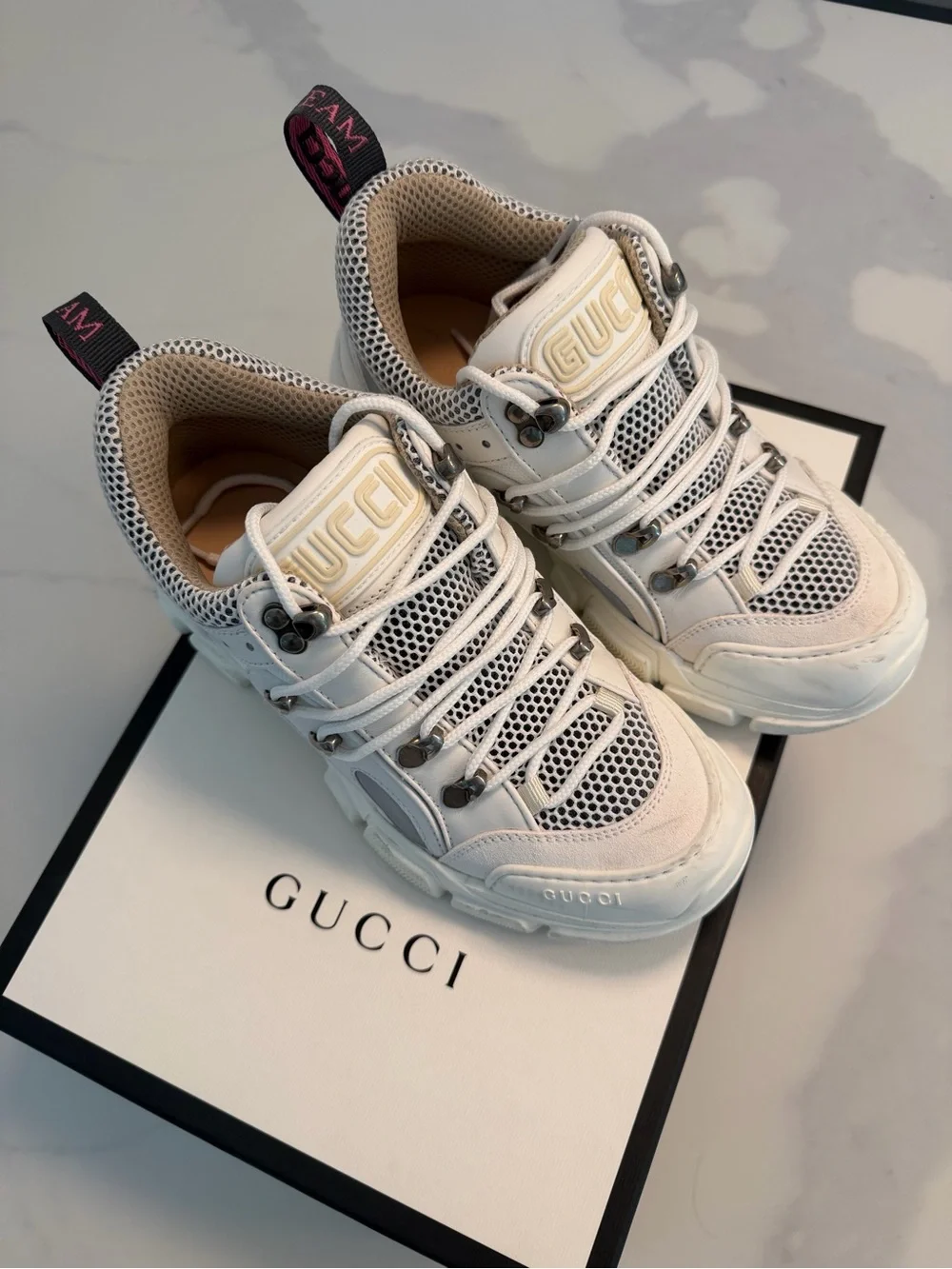 Gucci Flasktrek White and Cream Chunky Mesh Leather Sneakers Size 37 Unisex